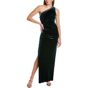 Adrianna Papell Size 6 Hunter Velvet One Shoulder Gown Beaded Side Slit OS30-19